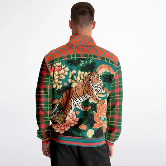 Zen Blossom Chrysanthemum in Green Asian Floral Plaid Unisex Eco-Poly Track Jacket