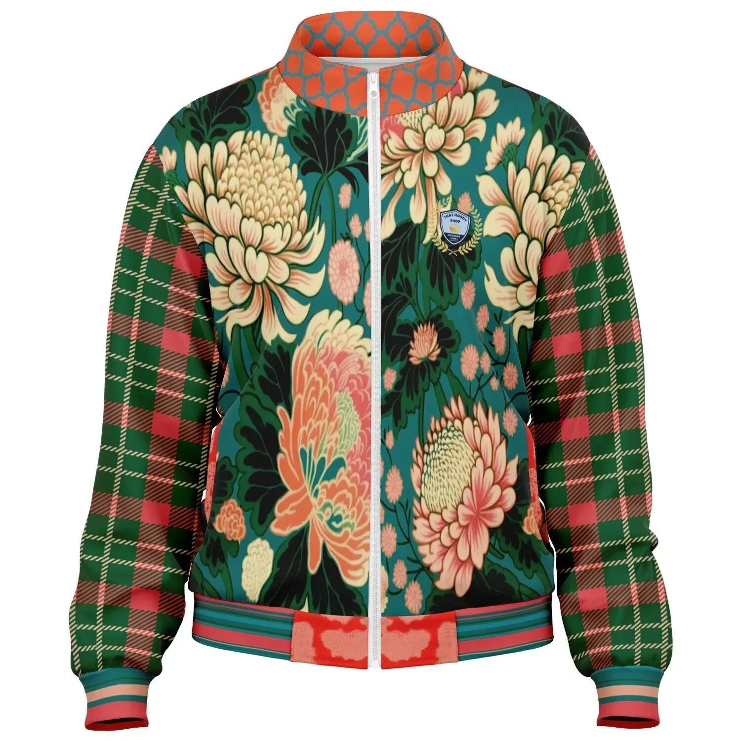 Zen Blossom Chrysanthemum in Green Asian Floral Plaid Unisex Eco-Poly Track Jacket