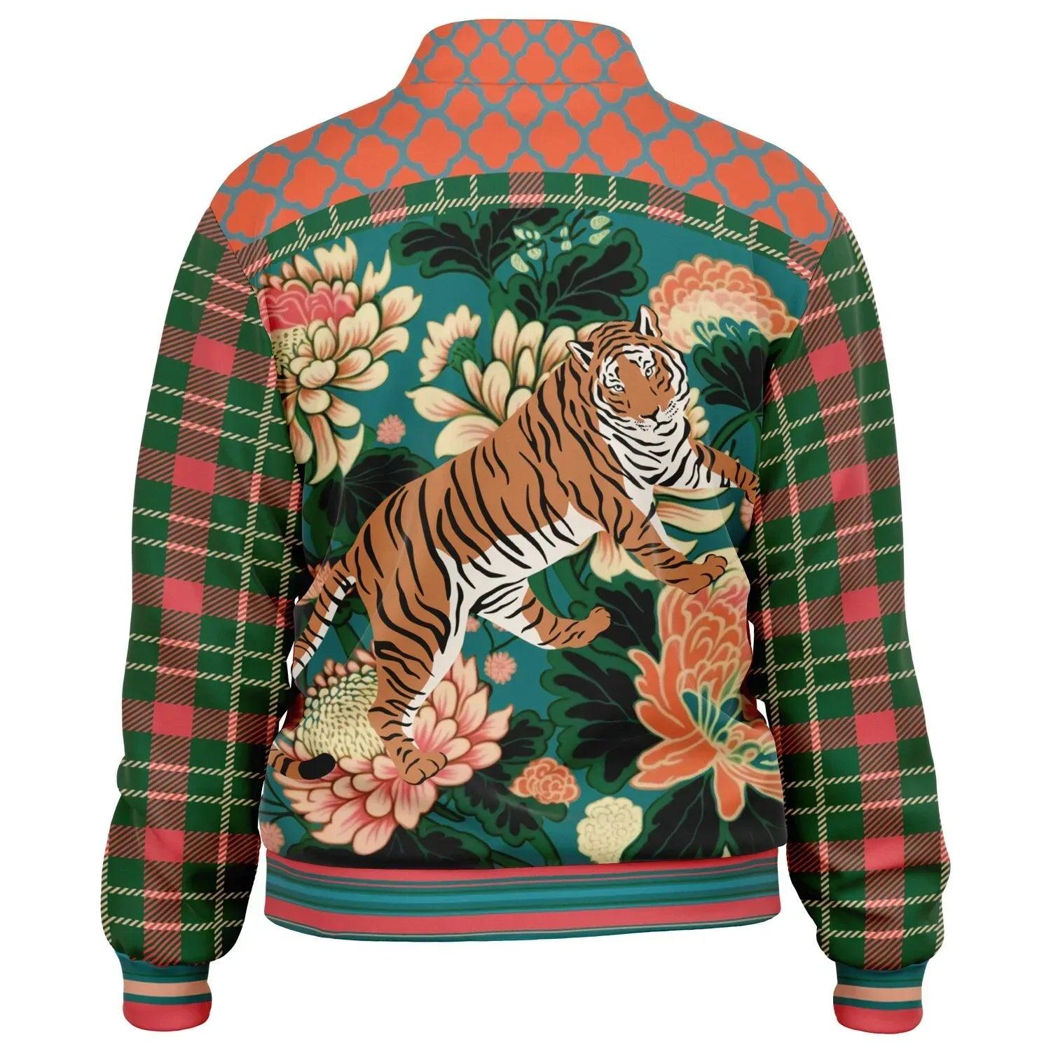 Zen Blossom Chrysanthemum in Green Asian Floral Plaid Unisex Eco-Poly Track Jacket