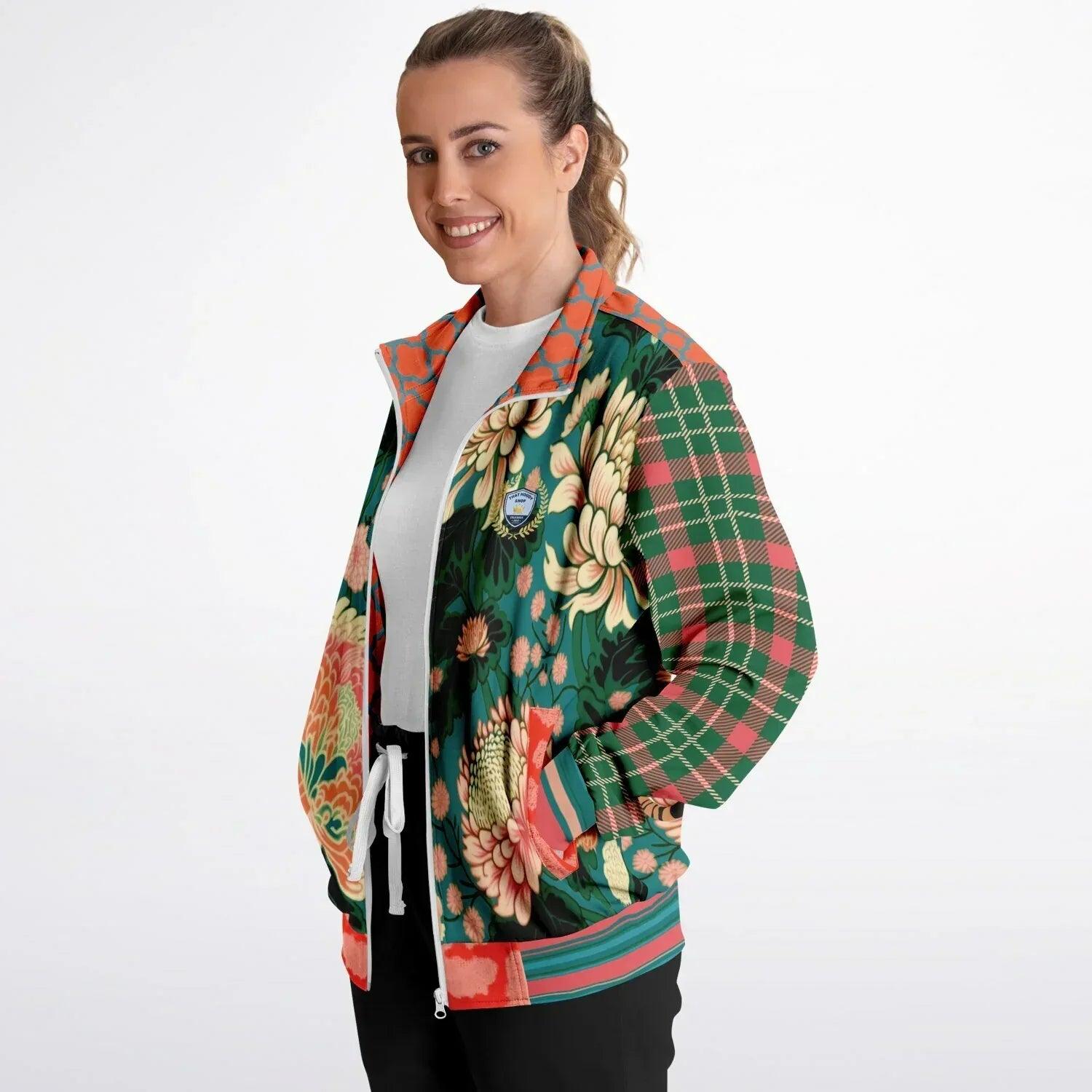 Zen Blossom Chrysanthemum in Green Asian Floral Plaid Unisex Eco-Poly Track Jacket