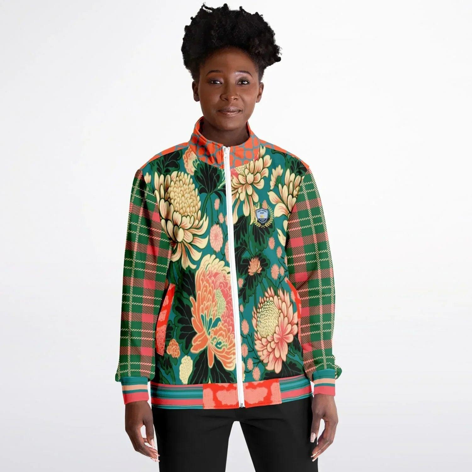 Zen Blossom Chrysanthemum in Green Asian Floral Plaid Unisex Eco-Poly Track Jacket
