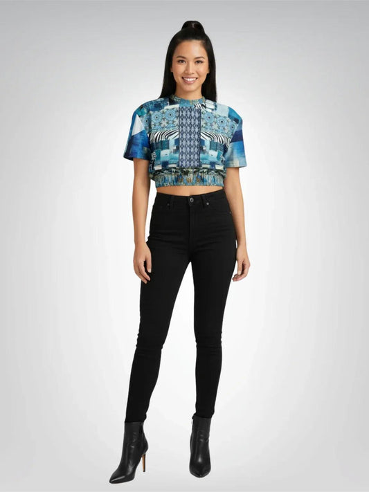 Zima in Frost - Janoszanka - Patchwork Print Eco-Poly Short Sleeve Cropped Pullover