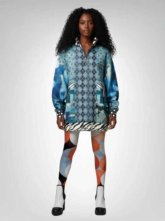 Zima in Frost - Janoszanka - Patchwork Print Heavyweight Oversized Quarter Zip Sweatshirt