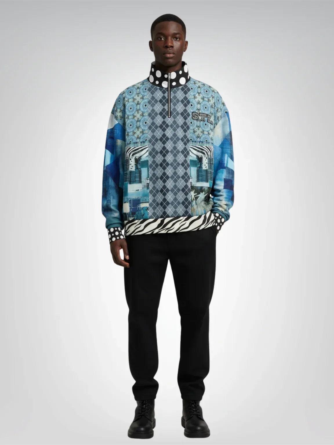 Zima in Frost - Janoszanka - Patchwork Print Heavyweight Oversized Quarter Zip Sweatshirt