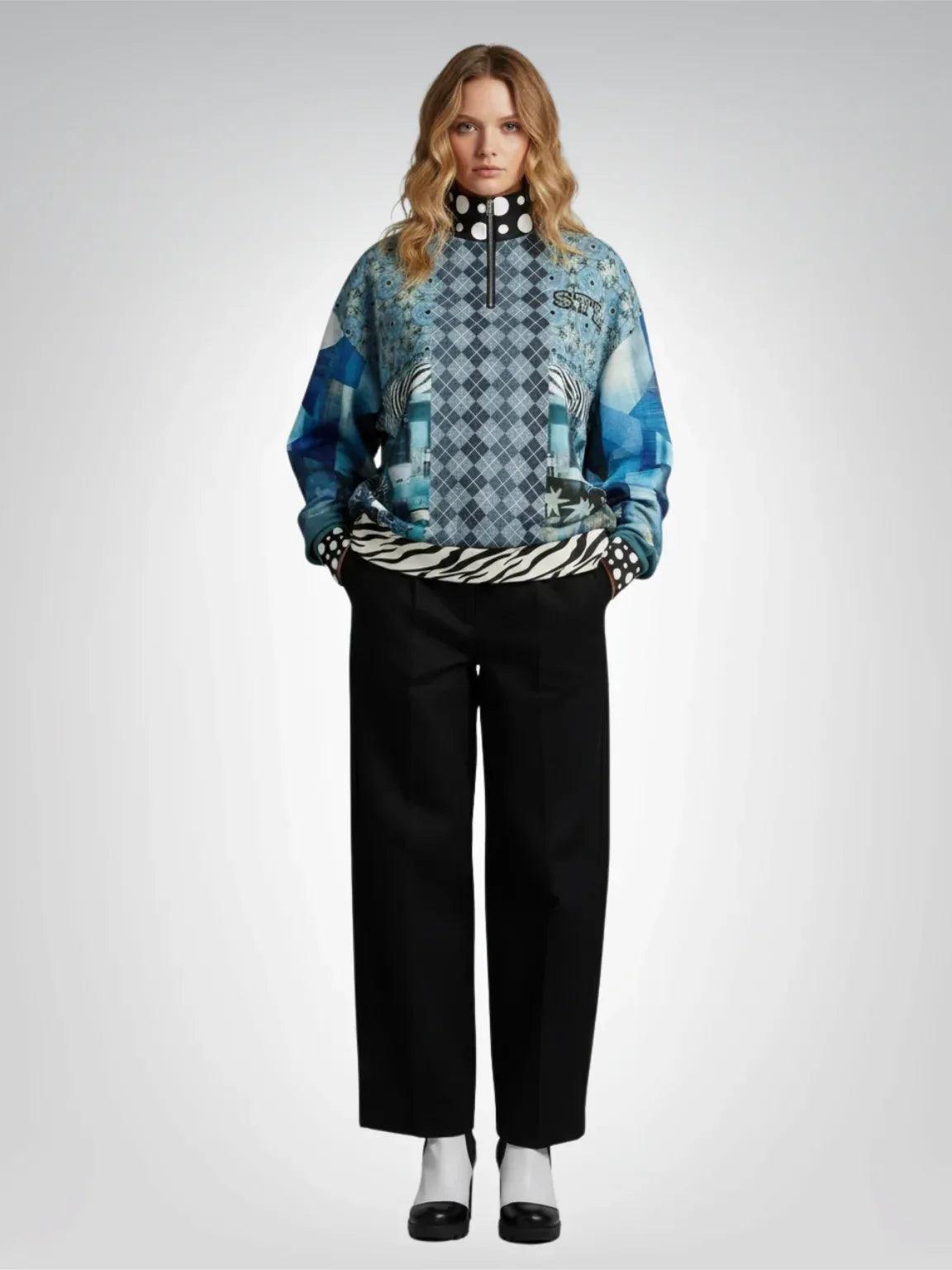 Zima in Frost - Janoszanka - Patchwork Print Heavyweight Oversized Quarter Zip Sweatshirt