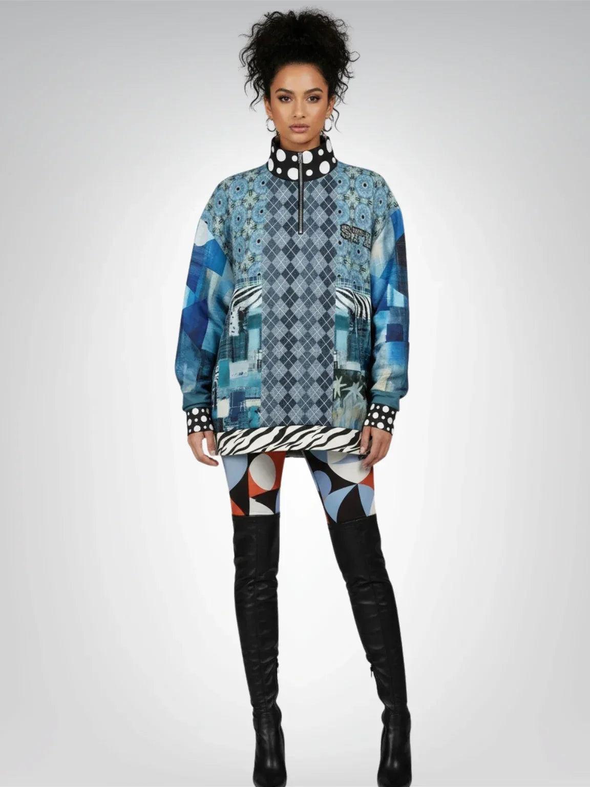 Zima in Frost - Janoszanka - Patchwork Print Heavyweight Oversized Quarter Zip Sweatshirt
