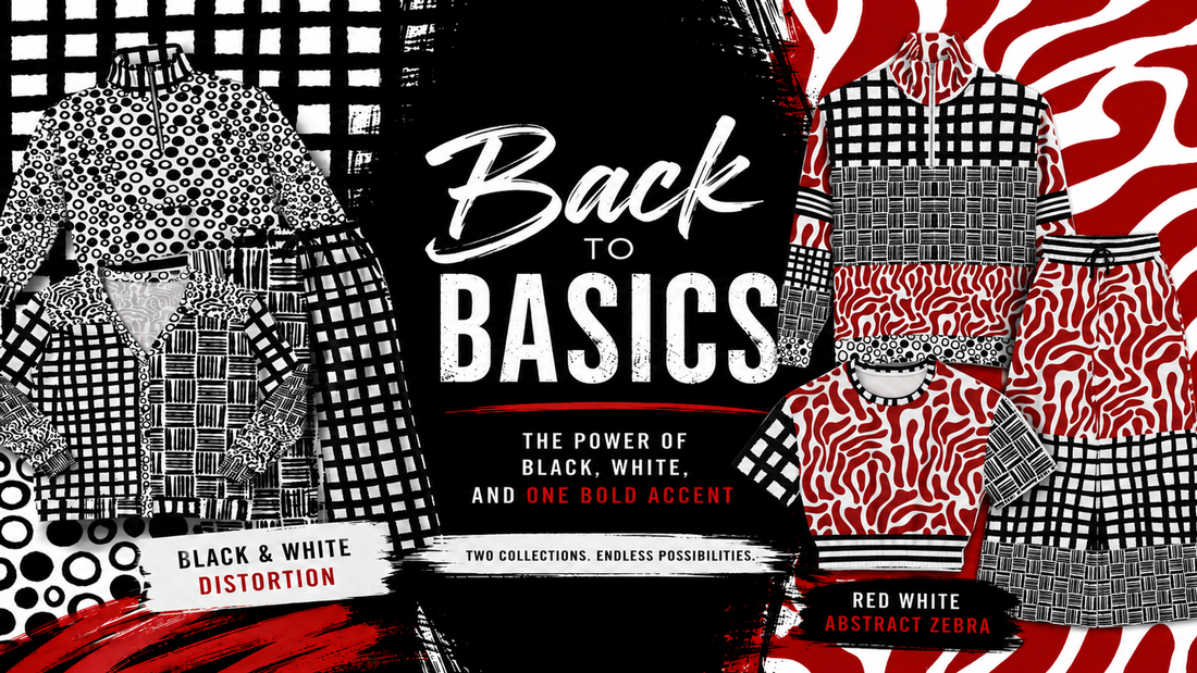 Back to Basics blog graphic featuring Black & White Distortion and Red White Abstract Zebra collections with bold black, white, and red patterns.