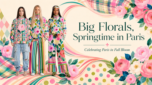 Three models wearing colorful Paris in Full Bloom floral and mixed-print outfits stand beside the title “Big Florals, Springtime in Paris” on a pastel hero graphic with swirling stripes, plaid, polka dots, big florals, and other artwork.