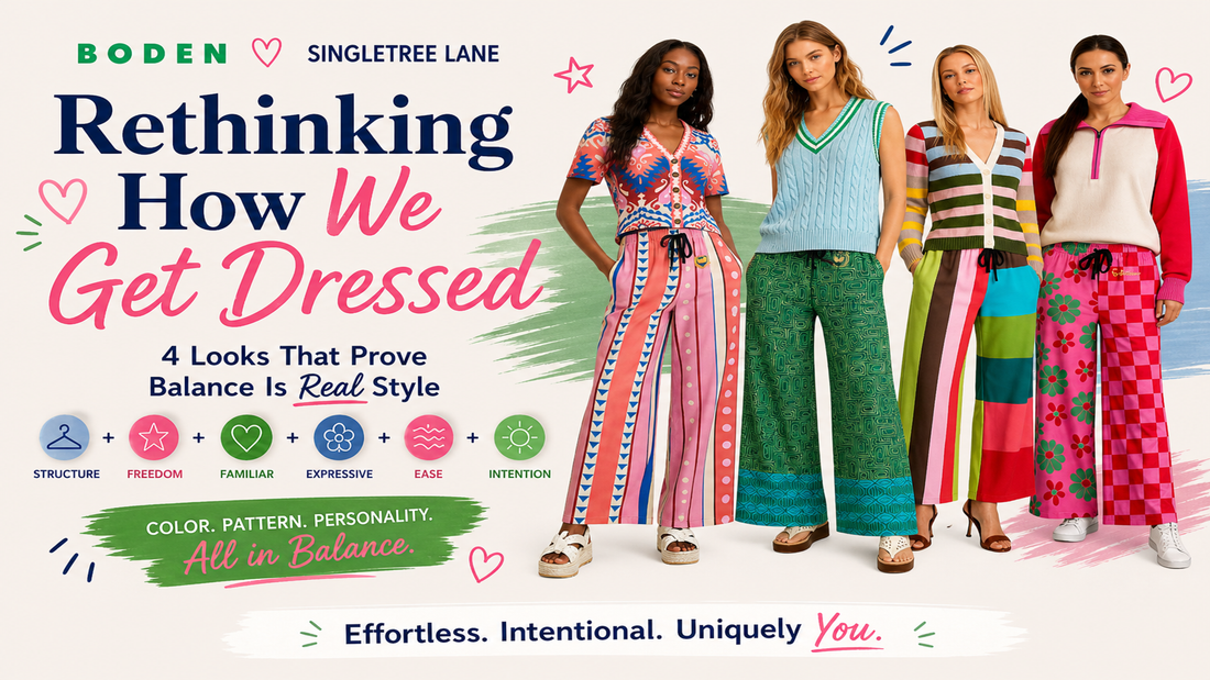 16:9 hero image for “Boden and SingleTree Lane: Better Together” featuring four coordinated looks with Boden knit tops and SingleTree Lane wide leg pants, highlighting color, pattern, and balanced styling with text “Rethinking How We Get Dressed”
