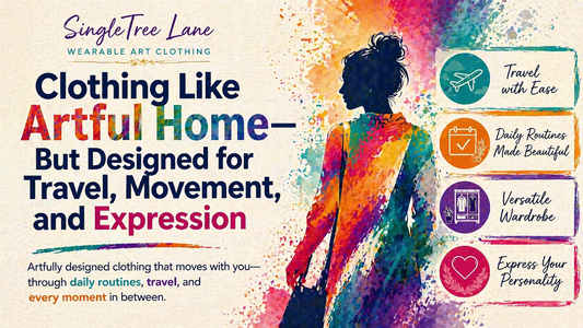 Wearable art clothing infographic from SingleTree Lane showing how fashion integrates into real life including travel, everyday routines, and versatile wardrobe building