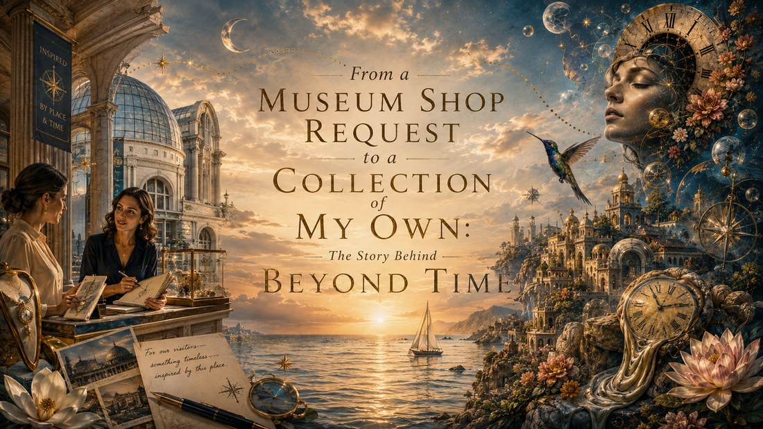 SingleTree Lane Beyond Time collection hero image with museum shop conversation, coastal sunset, hummingbird, melting clocks, flowers, and fantasy architecture.