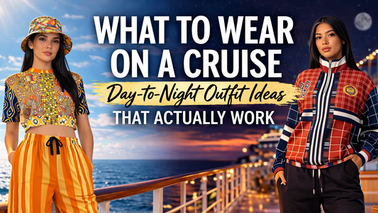 Day-to-night cruise outfit ideas featuring wearable art clothing including cropped tops, wide leg pants, joggers, and layered quarter-zip styling on a cruise deck