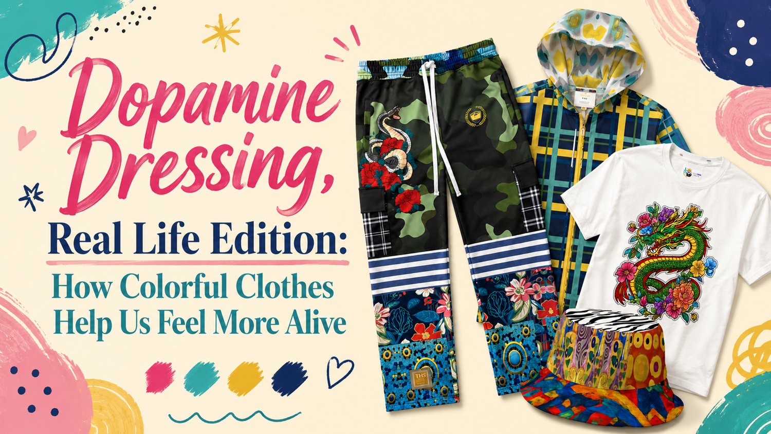 Blog archive graphic for “Dopamine Dressing, Real Life Edition: How Colorful Clothes Help Us Feel More Alive,” featuring SingleTree Lane colorful camo cargo joggers, a blue plaid hooded jacket, a floral dragon graphic tee, and a mixed-print bucket hat.