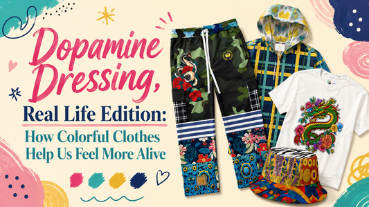 Blog archive graphic for “Dopamine Dressing, Real Life Edition: How Colorful Clothes Help Us Feel More Alive,” featuring SingleTree Lane colorful camo cargo joggers, a blue plaid hooded jacket, a floral dragon graphic tee, and a mixed-print bucket hat.