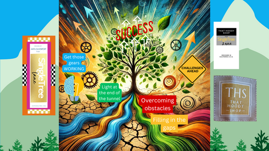 Colorful graphic showing a tree growing through cracked ground with gears and arrows symbolizing founder resilience and rising above business challenges.