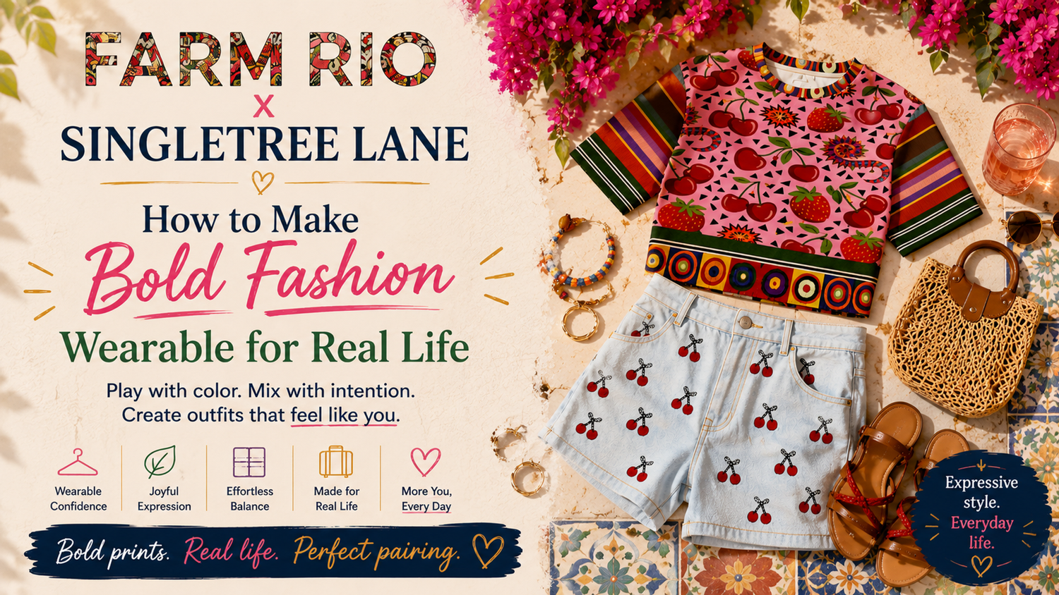 Hero graphic for Farm Rio x SingleTree Lane featuring cherry denim shorts and a colorful fruit-print cropped pullover styled as bold wearable art fashion for real life.
