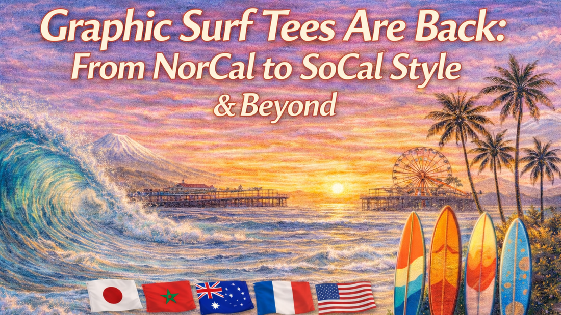 Illustrated sunset coastal scene featuring a large ocean wave, surfboards, palm trees, a pier, and a Ferris wheel, with text “Graphic Surf Tees Are Back: From NorCal to SoCal Style & Beyond” and international flags representing global surf culture