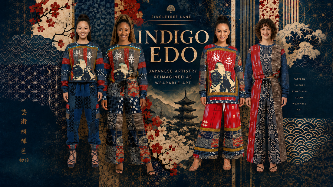 SingleTree Lane Indigo Edo hero graphic featuring Japanese-inspired wearable art, Kabuki imagery, indigo patchwork, crimson accents, coordinated pants and sweatshirts, florals, waves and geometric motifs.