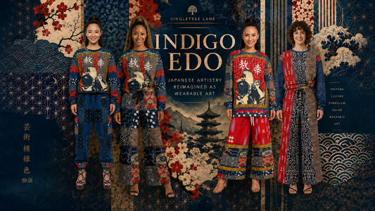 SingleTree Lane Indigo Edo hero graphic featuring Japanese-inspired wearable art, Kabuki imagery, indigo patchwork, crimson accents, coordinated pants and sweatshirts, florals, waves and geometric motifs.