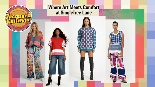 Models wearing colorful jacquard knit sweaters, knit tees, cardigans, and sweater vests from the SingleTree Lane knitwear collection.