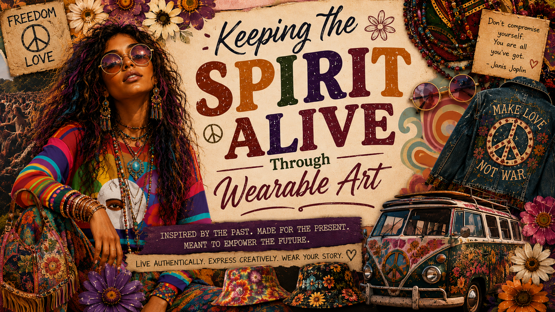 1970s wearable art hero graphic with brown skinned bohemian woman, colorful SingleTree-inspired sweatshirt, flowers, peace signs, vintage van, bucket hats, and free spirited style.