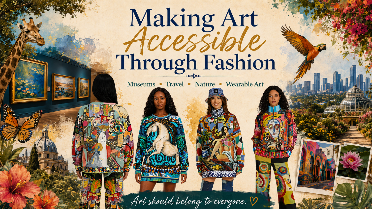 **SEO Alt Text:**  Making Art Accessible Through Fashion hero graphic featuring SingleTree Lane models in colorful wearable art outfits inspired by museums, travel, nature, and artistic self-expression.