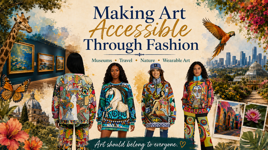 **SEO Alt Text:**  Making Art Accessible Through Fashion hero graphic featuring SingleTree Lane models in colorful wearable art outfits inspired by museums, travel, nature, and artistic self-expression.