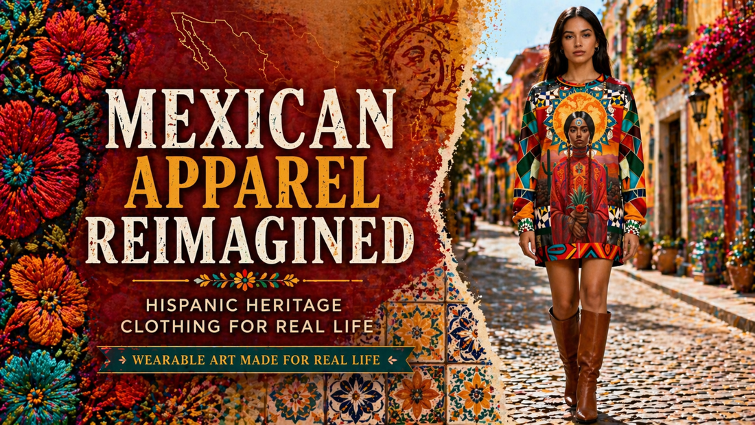 Split hero image showing Mexican textile embroidery and model wearing colorful patterned SingleTree Lane sweatshirt as a dress with boots in vibrant street setting, representing reimagined Mexican apparel and Hispanic heritage clothing
