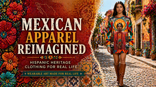 Split hero image showing Mexican textile embroidery and model wearing colorful patterned SingleTree Lane sweatshirt as a dress with boots in vibrant street setting, representing reimagined Mexican apparel and Hispanic heritage clothing