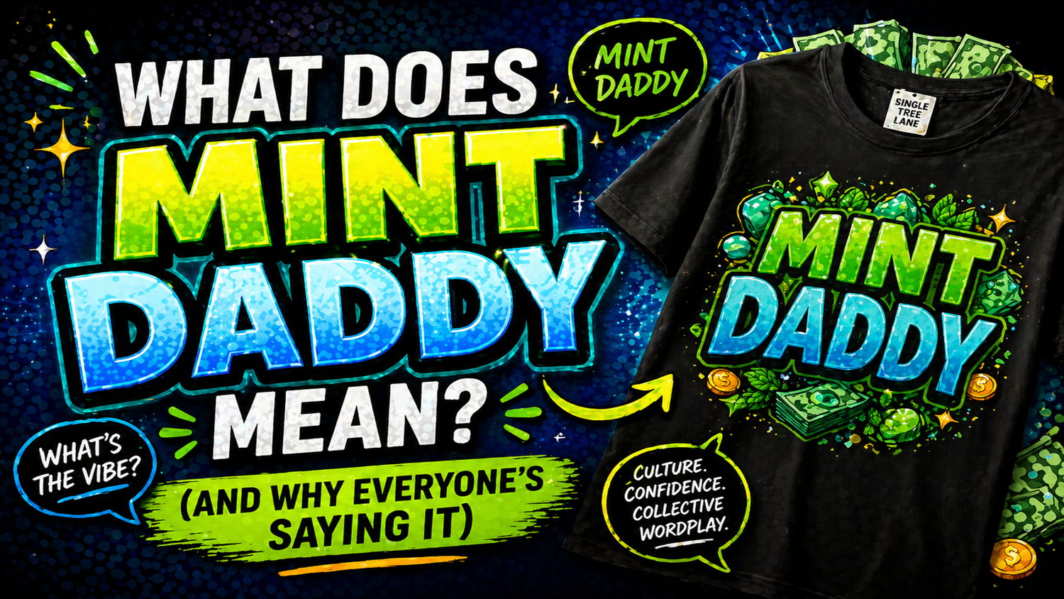Mint Daddy meaning infographic showing viral podcast phrase turning into social commentary t shirt and pop culture apparel