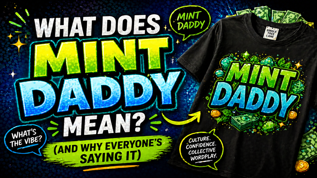 Mint Daddy meaning infographic showing viral podcast phrase turning into social commentary t shirt and pop culture apparel