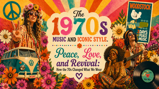Colorful 1970s retro collage featuring peace signs, flowers, hippie figures, and bold text “Peace, Love, and Revival: How the 70s Changed What We Wear” celebrating fashion, faith, and self-expression