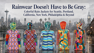 Graphic for a rainwear blog featuring colorful patterned rain jackets from SingleTree Lane  in front of a rainy urban skyline. The image highlights statement rain jackets reinforcing that practical rainwear can be bright, expressive and wearable art.