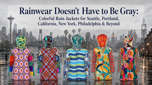 Graphic for a rainwear blog featuring colorful patterned rain jackets from SingleTree Lane  in front of a rainy urban skyline. The image highlights statement rain jackets reinforcing that practical rainwear can be bright, expressive and wearable art.