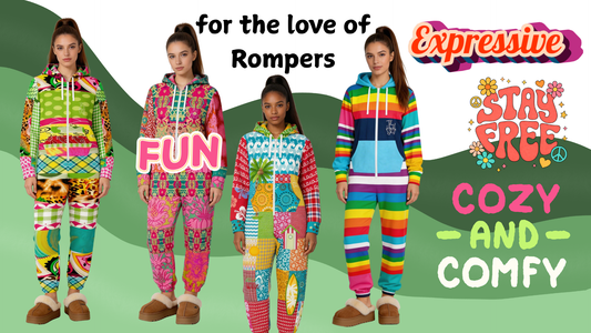 Colorful patchwork rompers and onesies by SingleTree Lane featuring bold mixed-print designs, including floral, geometric, rainbow stripe, and animal patterns, styled on models with playful “fun,” “stay free,” and “cozy and comfy” text elements.