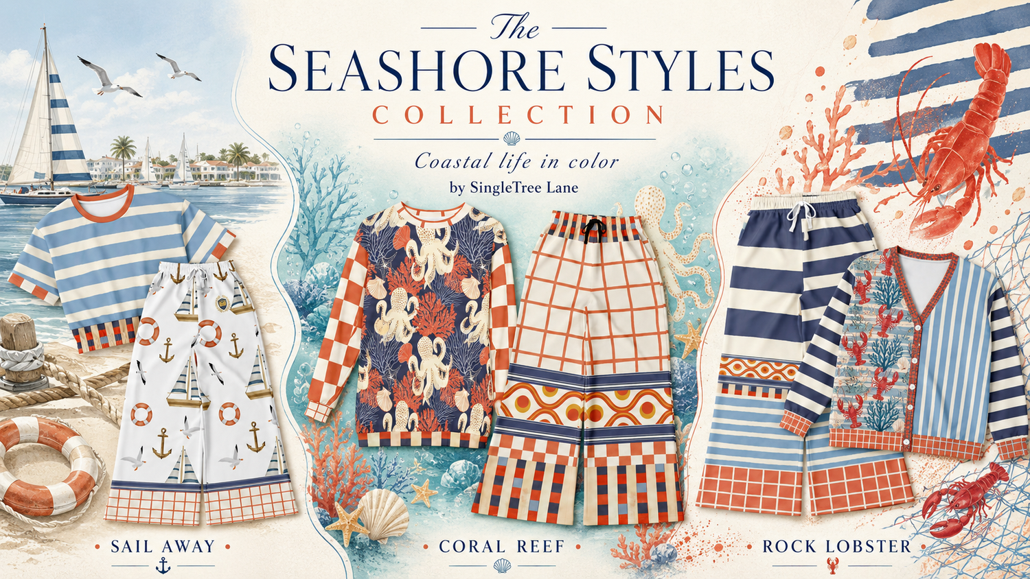 SingleTree Lane Seashore Styles Collection graphic featuring coordinated Sail Away, Coral Reef, and Rock Lobster coastal clothing with sailboats, octopuses, coral, lobsters, nautical stripes, and colorful wide leg pants.