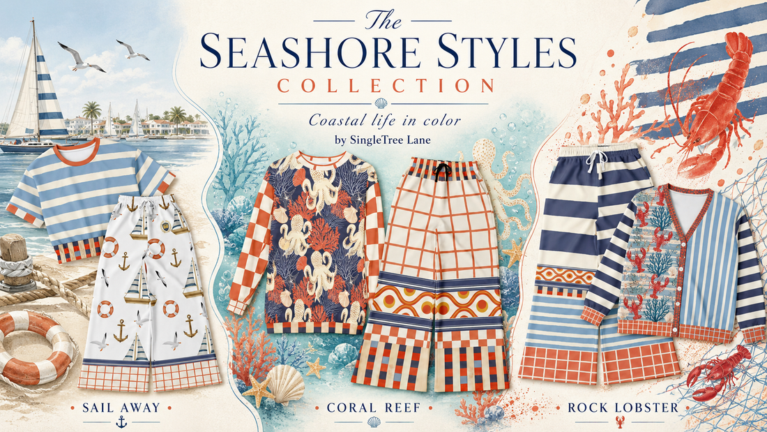 SingleTree Lane Seashore Styles Collection graphic featuring coordinated Sail Away, Coral Reef, and Rock Lobster coastal clothing with sailboats, octopuses, coral, lobsters, nautical stripes, and colorful wide leg pants.