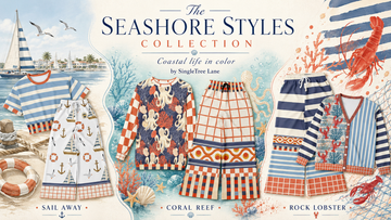 SingleTree Lane Seashore Styles Collection graphic featuring coordinated Sail Away, Coral Reef, and Rock Lobster coastal clothing with sailboats, octopuses, coral, lobsters, nautical stripes, and colorful wide leg pants.