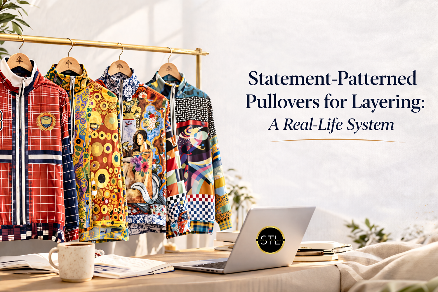 Image featuring four colorful SingleTree Lane statement-patterned pullovers hanging on a clothes rack in a modern workspace, with a laptop and notebook in the foreground and the headline “Statement-Patterned Pullovers for Layering: A Real-Life System”.