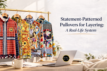 Image featuring four colorful SingleTree Lane statement-patterned pullovers hanging on a clothes rack in a modern workspace, with a laptop and notebook in the foreground and the headline “Statement-Patterned Pullovers for Layering: A Real-Life System”.