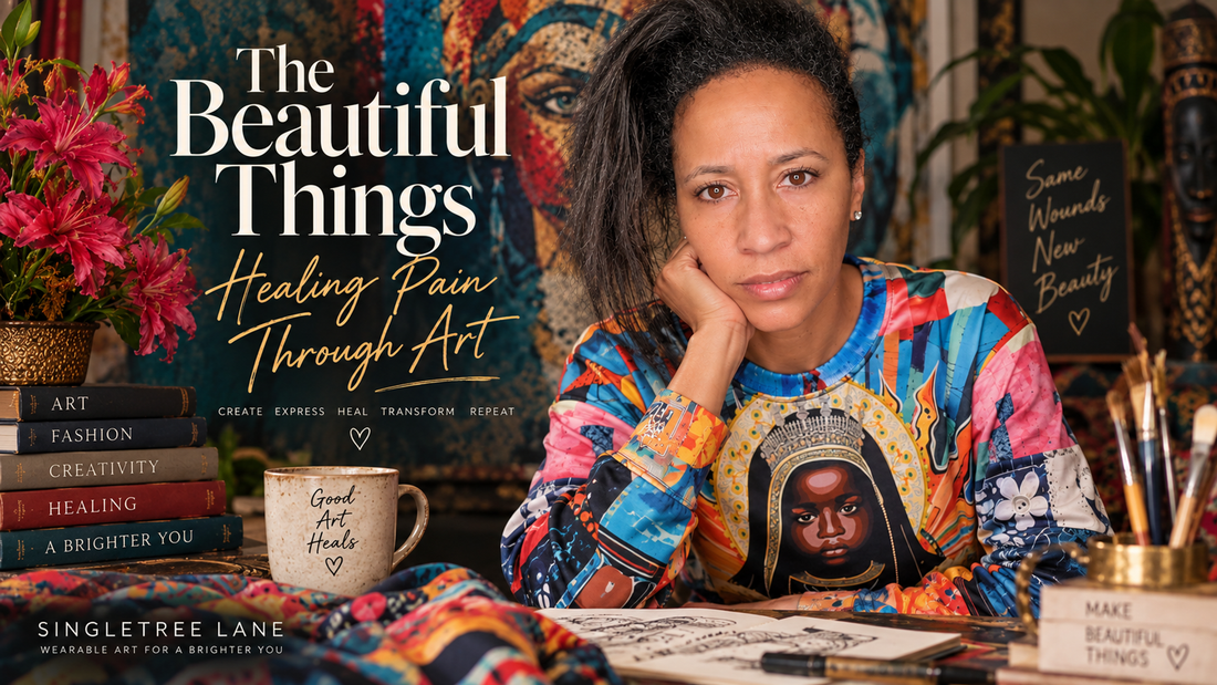 Hero image for “The Beautiful Things: Healing Pain Through Art,” featuring a Anita Davenport in vibrant wearable art surrounded by flowers, books, paintbrushes, and creative materials symbolizing art, healing, self-expression, and transformation.