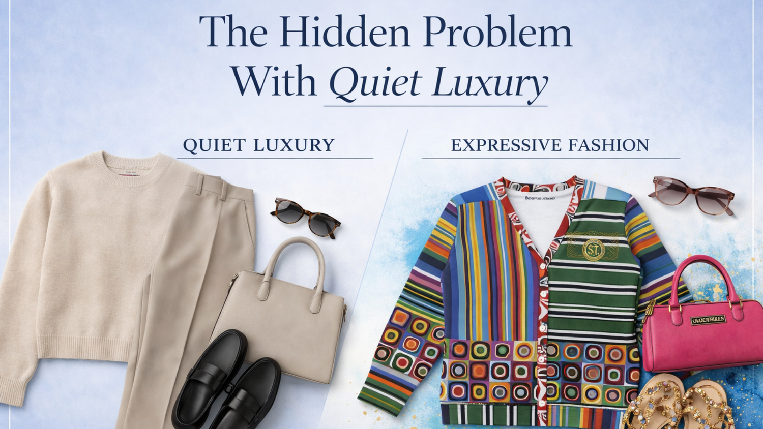 Quiet luxury vs expressive fashion graphic with neutral outfit on the left and colorful SingleTree Lane look on the right.
