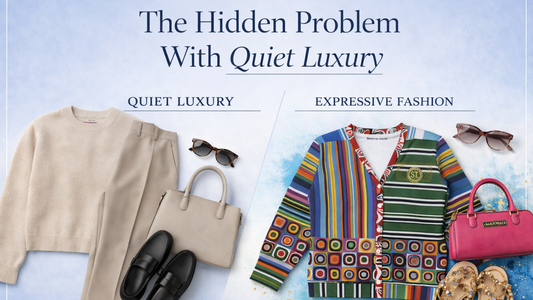 Quiet luxury vs expressive fashion graphic with neutral outfit on the left and colorful SingleTree Lane look on the right.
