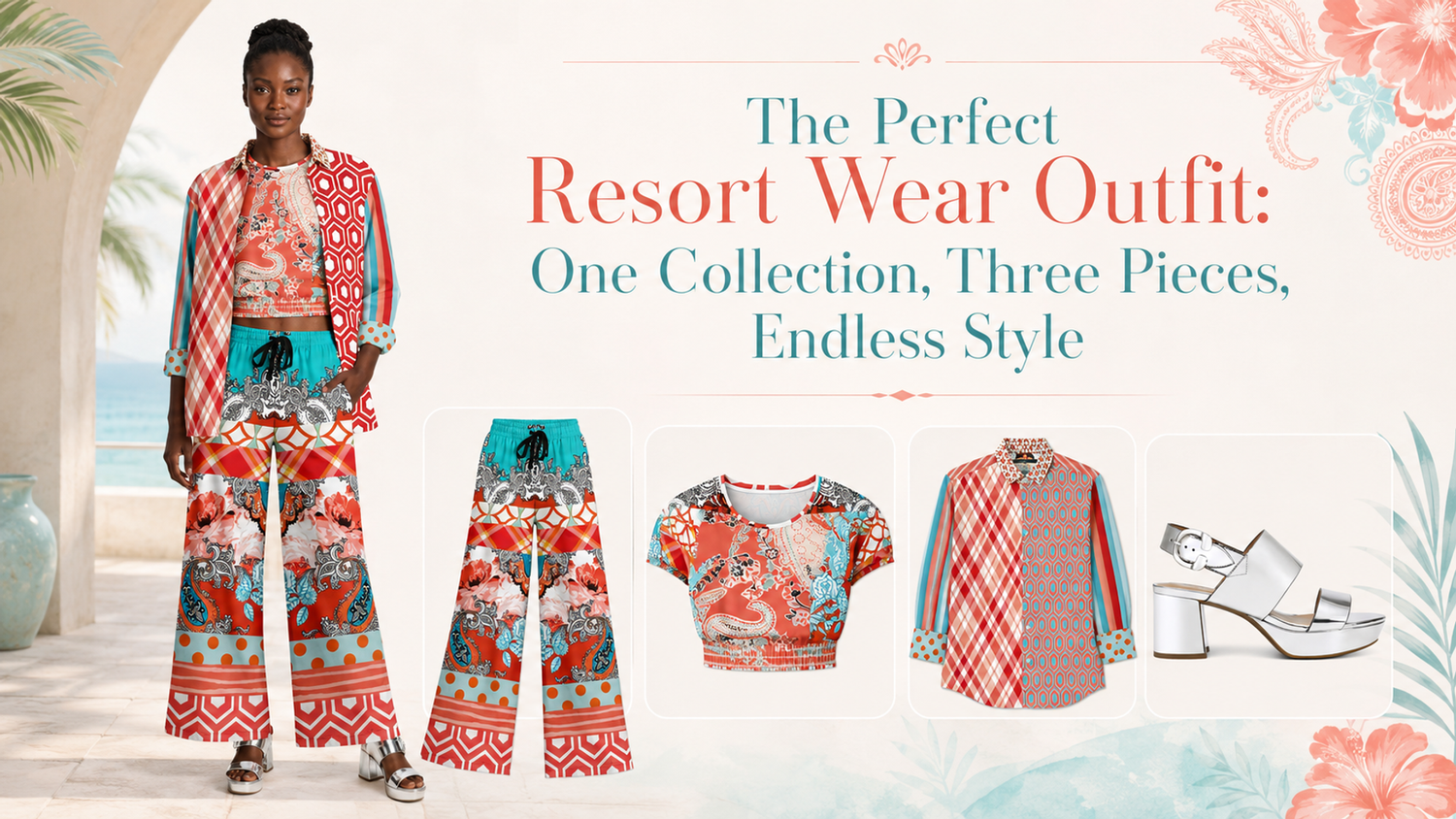 Coral Springs resort wear hero image featuring a model in a matching wide leg pant, cropped pullover, open button-front shirt, and metallic silver sandals from SingleTree Lane.