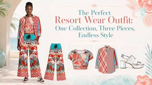 Coral Springs resort wear hero image featuring a model in a matching wide leg pant, cropped pullover, open button-front shirt, and metallic silver sandals from SingleTree Lane.