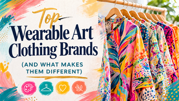Bright, colorful blog banner featuring bold text “Top Wearable Art Clothing Brands (And What Makes Them Different)” alongside vibrant patterned garments on a clothing rack, representing artistic and expressive fashion.