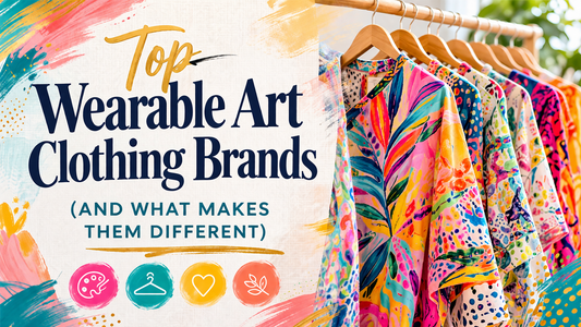 Bright, colorful blog banner featuring bold text “Top Wearable Art Clothing Brands (And What Makes Them Different)” alongside vibrant patterned garments on a clothing rack, representing artistic and expressive fashion.