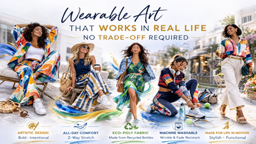 Illustration of people styled in colorful wearable art clothing showing art-inspired fashion that works in real life | Wearable Art Clothing Designed for Real Life | SingleTree Lane