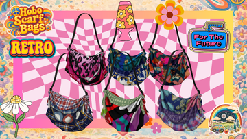 Colorful retro-style graphic featuring multiple patterned scarf bags arranged against a pink checkerboard background with 70s-inspired stickers, highlighting multi-use, expressive, and travel-friendly scarf bags for modern everyday wear