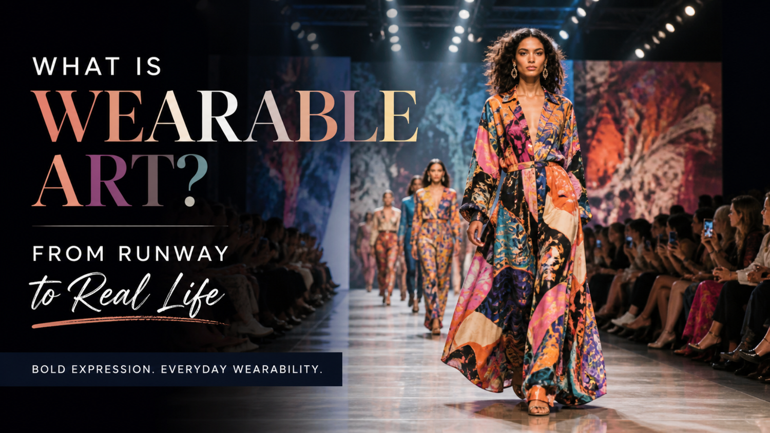 Wearable art clothing concept graphic illustrating expression identity and art bridging runway fashion to real life
